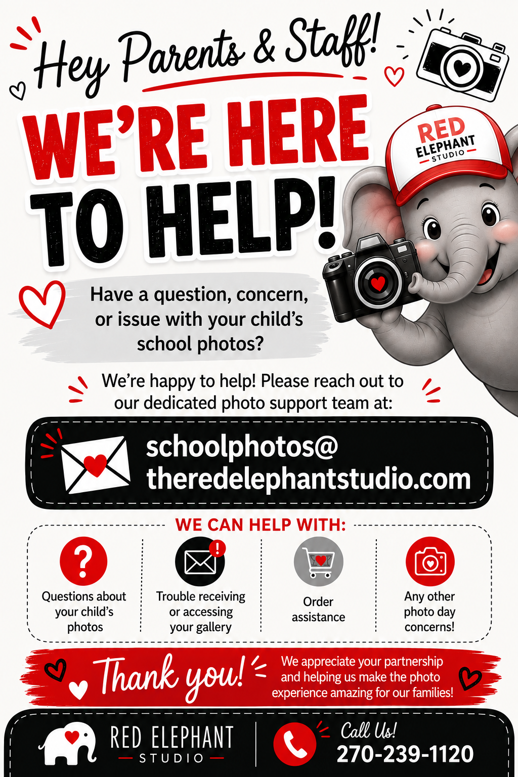 A friendly elephant mascot wearing a Red Elephant Studio hat holds a camera, offering help with school photos.