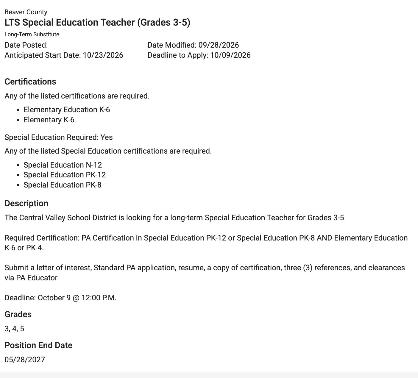 A job posting for a long-term substitute Special Education Teacher for grades 3-5 in Beaver County.
