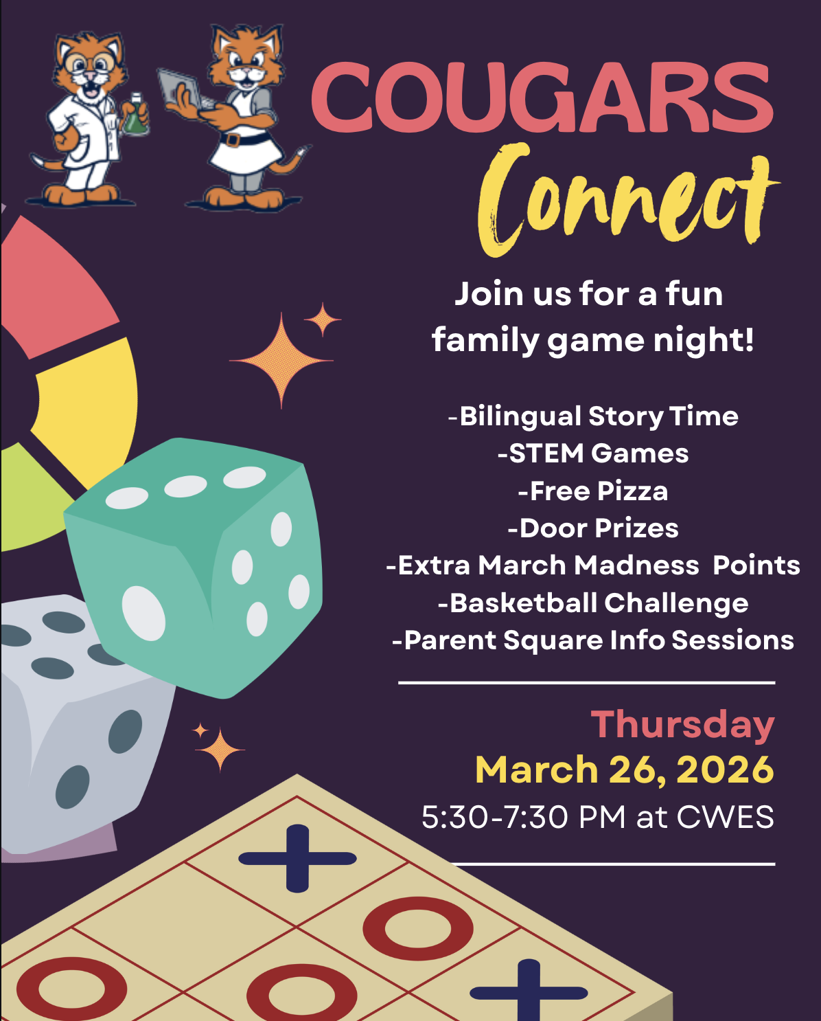 Mark your calendars, our Spring Family Night is coming on Thursday, March 26 from 5:30-7:30! We are hosting a game night with board games that celebrate learning and fun! This event will provide a fun, engaging, and screen-free environment for all ages.  Every student that attends will get to bring home a free book of their choice! We look forward to having you join us!