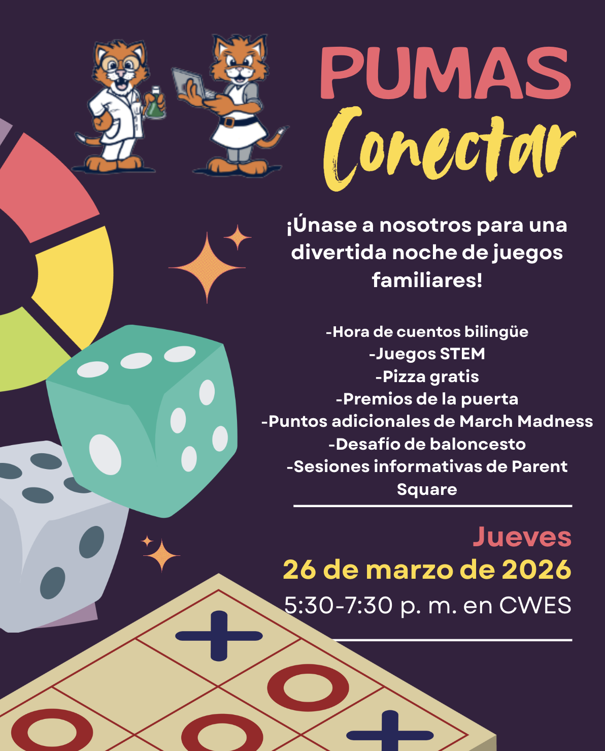 ¡Apunta la fecha en tu calendario! Nuestra Noche Familiar de Primavera se celebrará el jueves 26 de marzo de 17:30 a 19:30. Organizaremos una noche de juegos de mesa que fomenta el aprendizaje y la diversión. Este evento ofrecerá un ambiente divertido, entretenido y libre de pantallas para todas las edades. ¡Cada estudiante que asista se llevará a casa un libro gratis de su elección! ¡Esperamos contar con tu presencia!