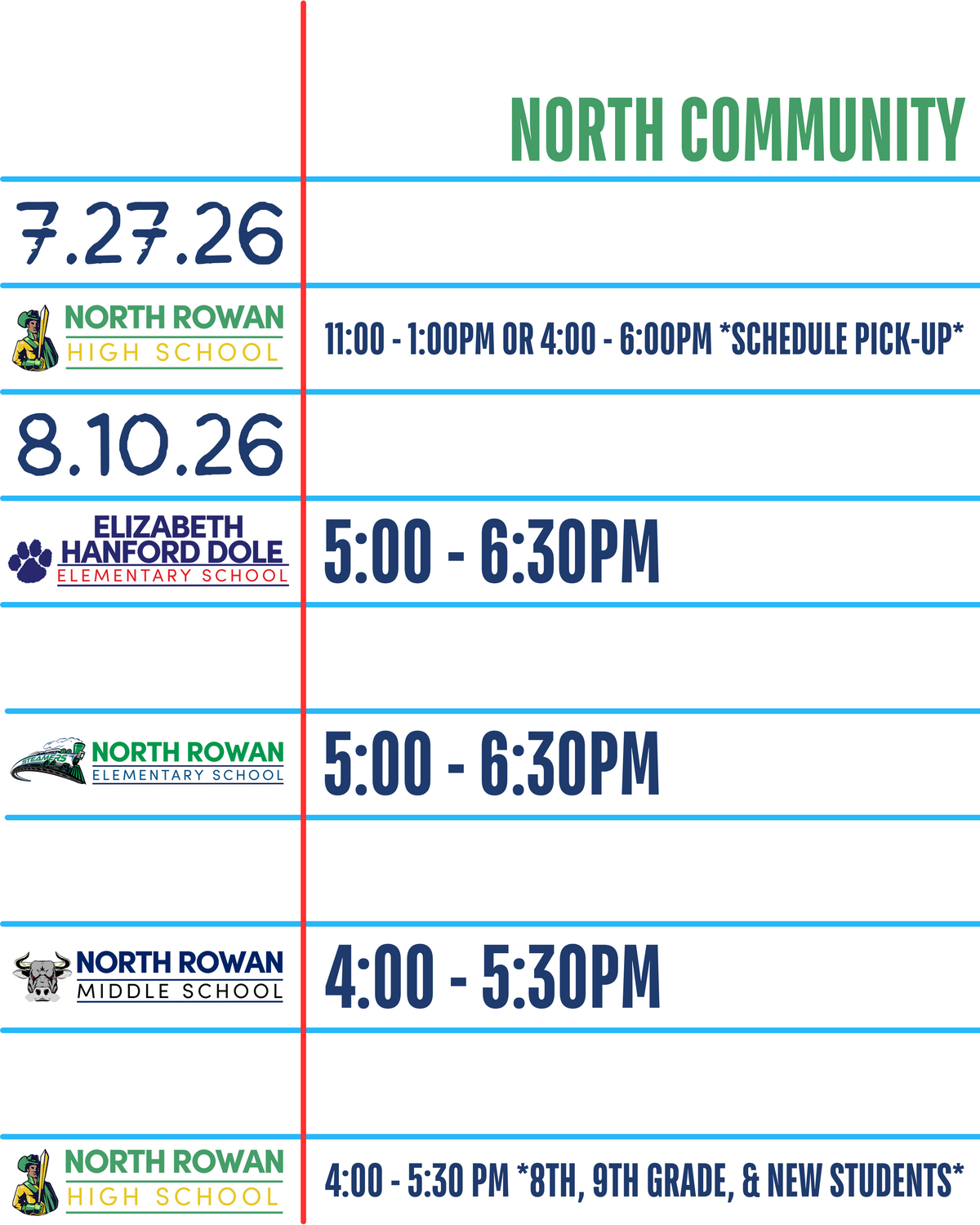 North Community schedule with dates, school names, and times for events like schedule pick-up.