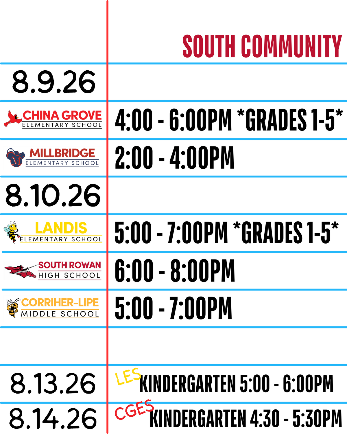 A schedule for South Community events, listing dates, schools, and times.