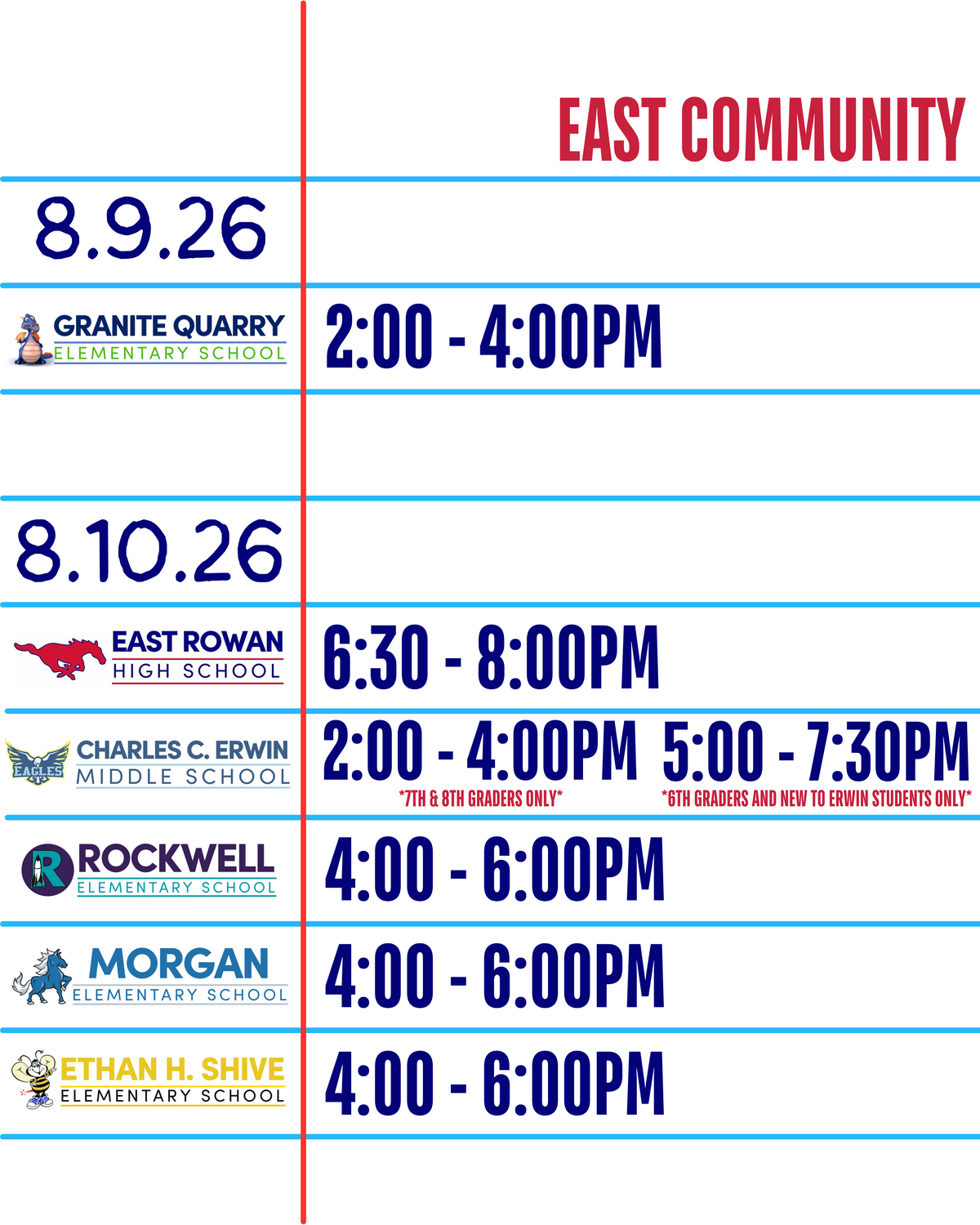 A schedule for East Community schools lists dates, times, and school names.