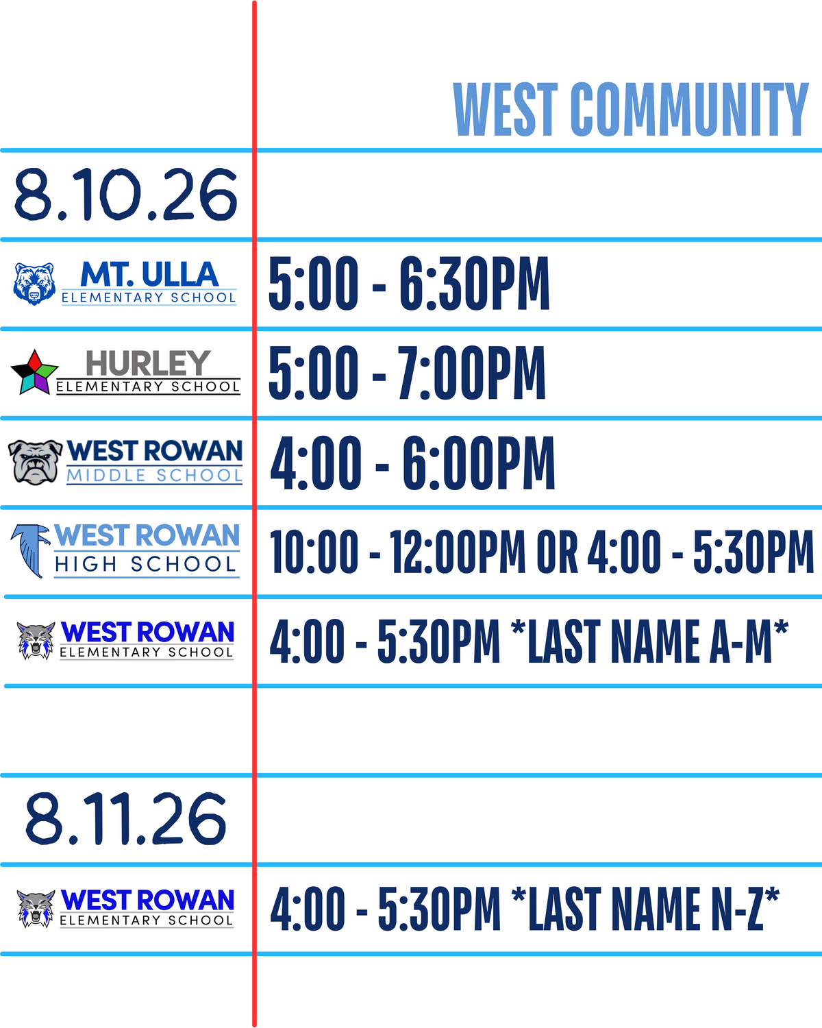 A schedule for West Community events on August 10th and 11th, 2026, listing schools and times.
