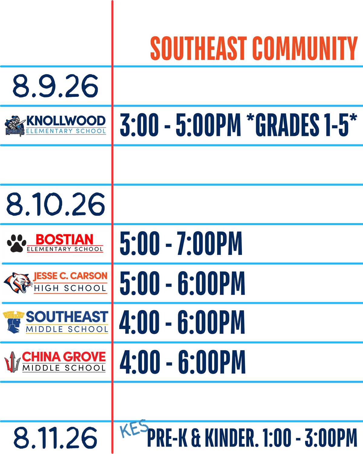 Southeast Community event schedule with dates, school names, and times.