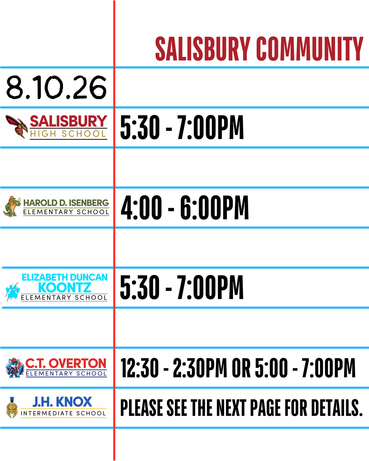 Salisbury Community event schedule with dates and times for various schools.