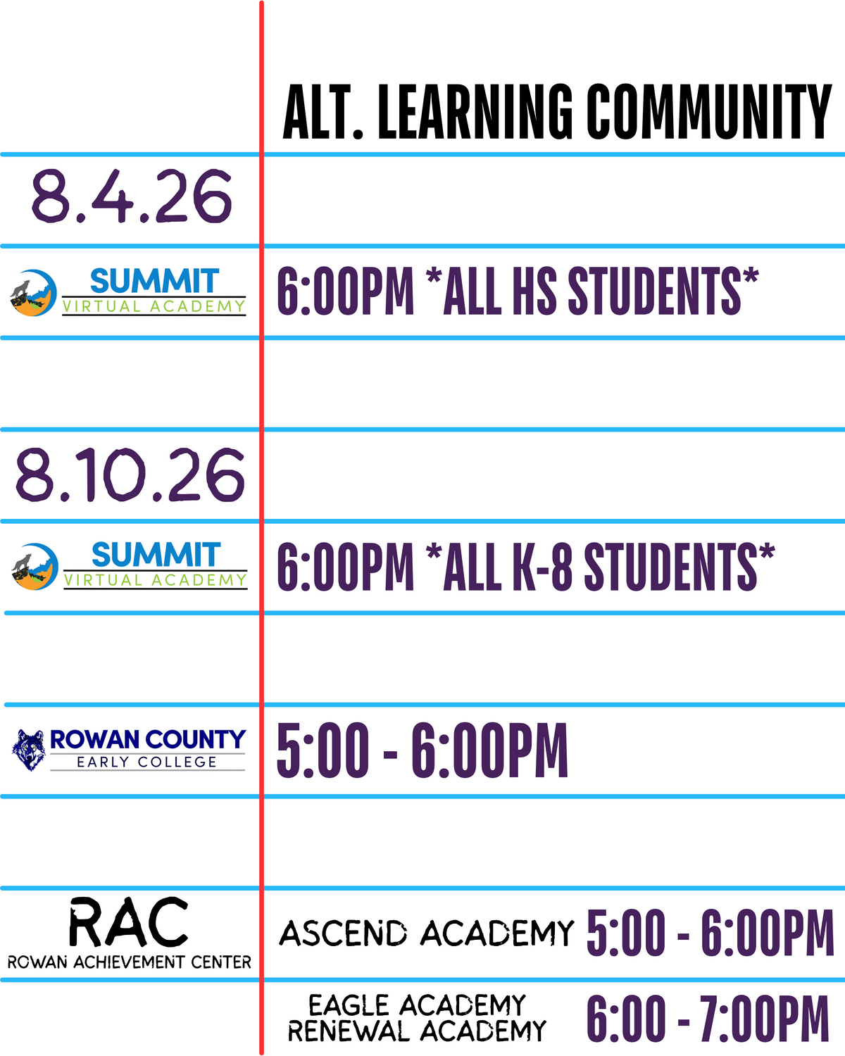 A schedule for ALT. LEARNING COMMUNITY events on 8.4.26 and 8.10.26.