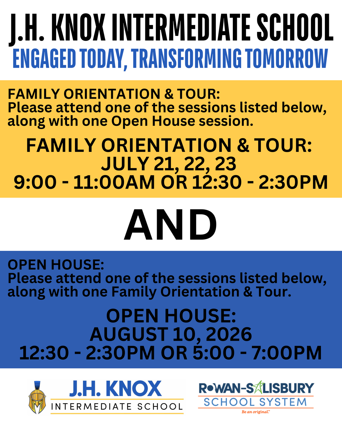 J.H. Knox Intermediate School announces Family Orientation & Tour dates: July 21, 22, 23, with sessions at 9:00-11:00 AM and 12:30-2:30 PM.