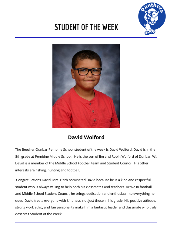 Middle School/High School Student of the Week 9/28/26 - 10/2/26
