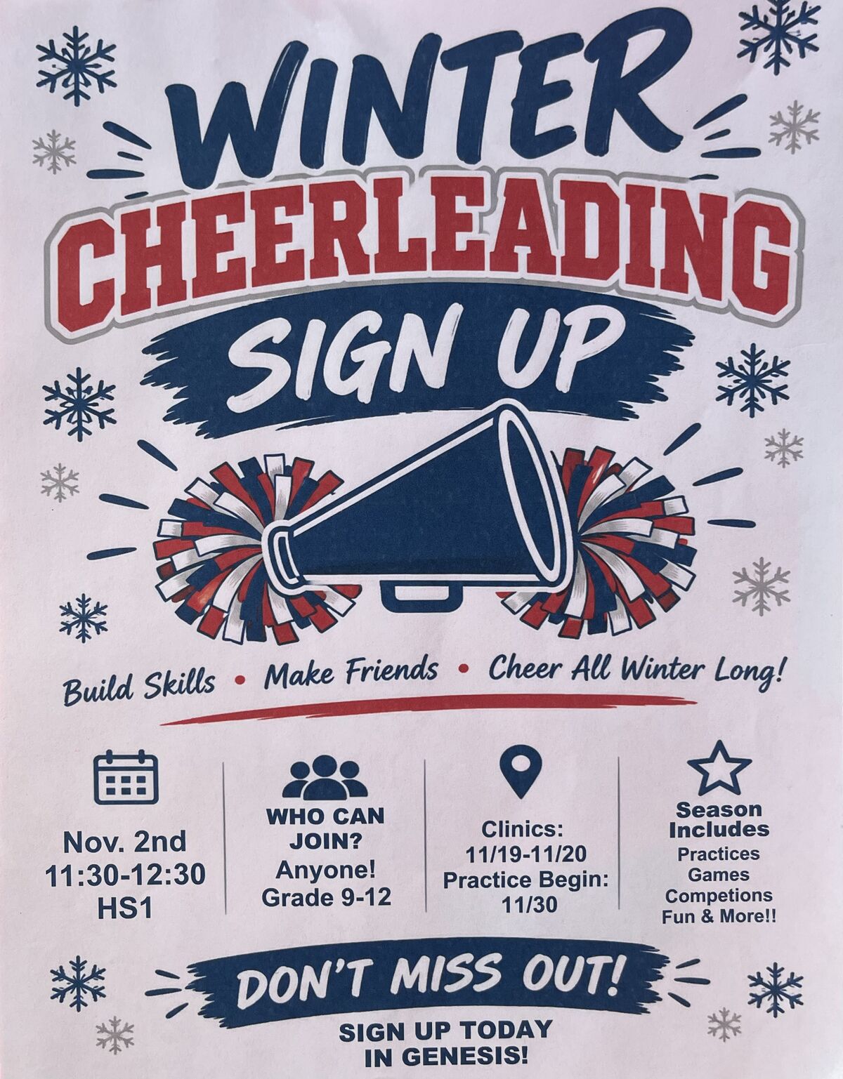 Winter Cheer Sign Up Meeting - Nov 2, 2026 during HS Lunch
