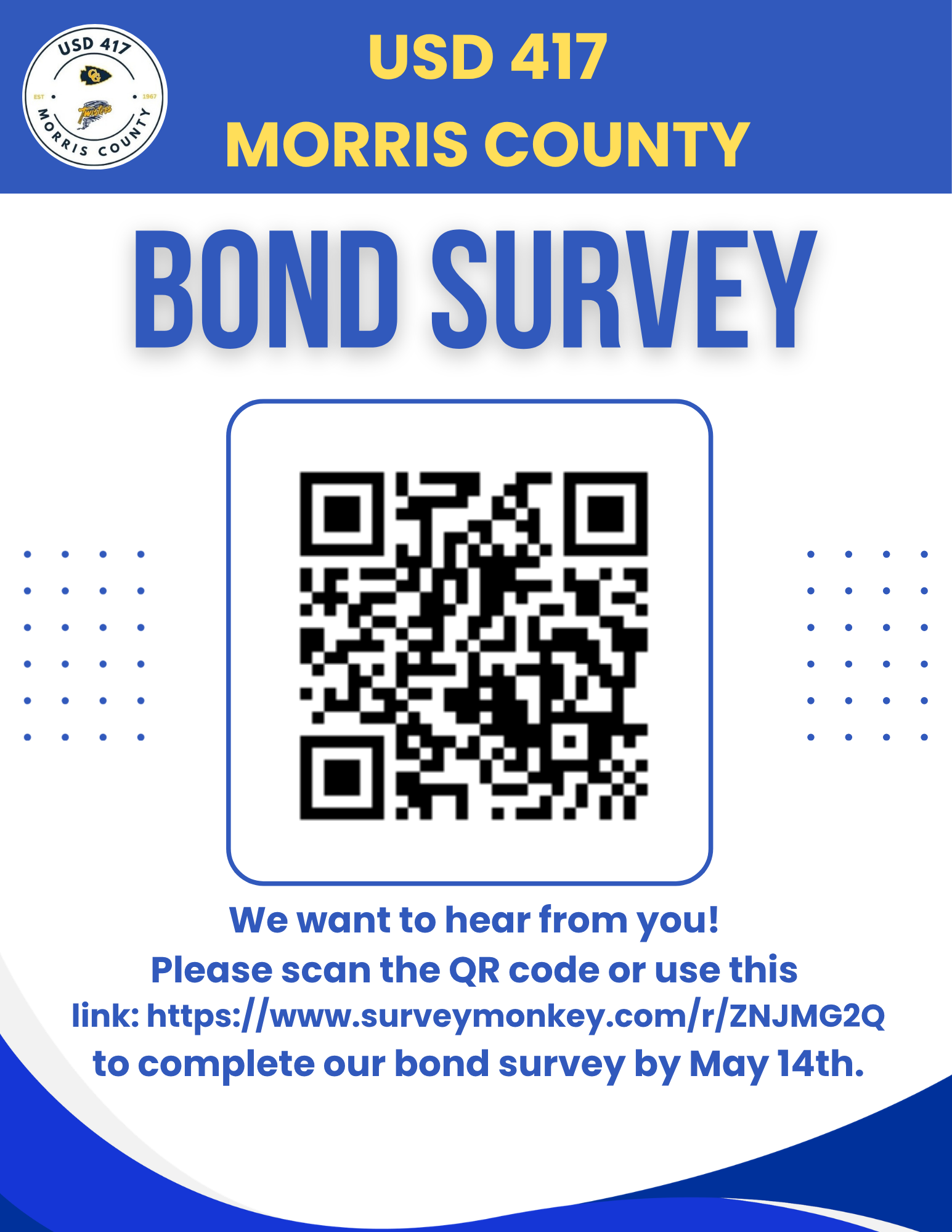USD 417 Morris County Bond Survey announcement with a QR code and survey link.