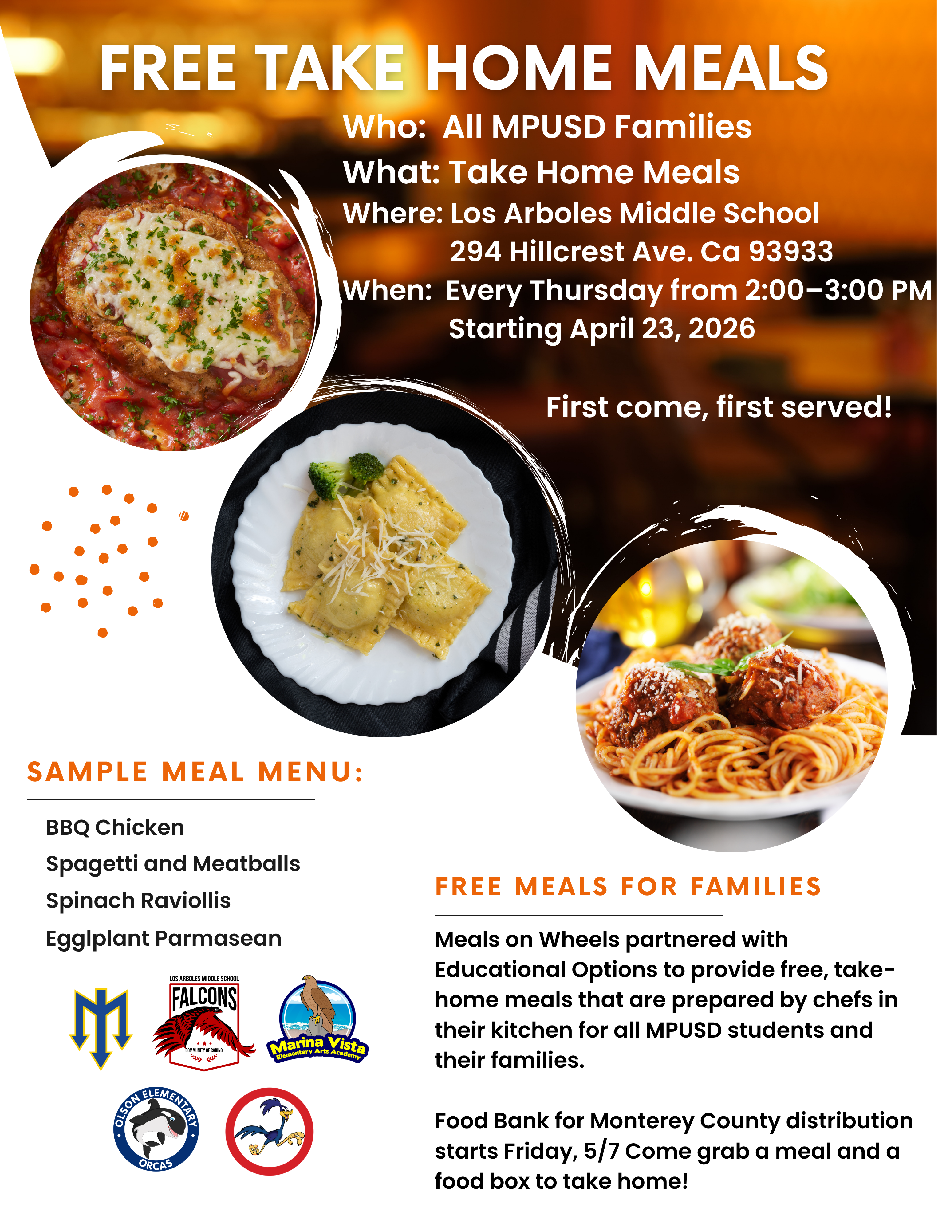 FREE for Marina Community | Meals and Produce TODAY @ Los Arboles Middle School from 2 - 3 PM