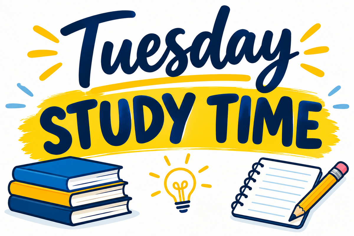 A graphic with the text 'Tuesday STUDY TIME' in dark blue font, surrounded by books, a notebook, a pencil, and a glowing lightbulb icon.