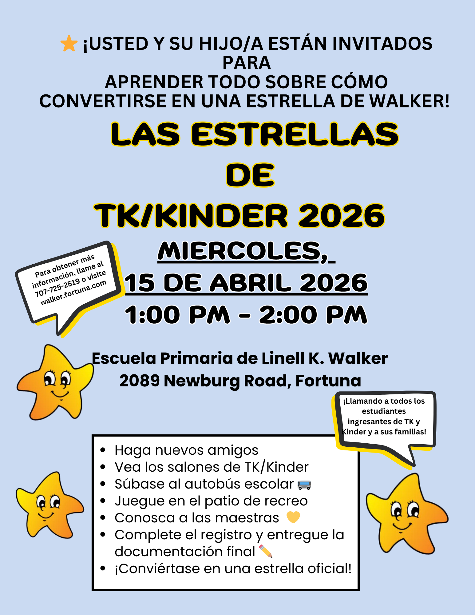Invitation to an event for TK/Kinder 2026 students and families at Linell K. Walker Elementary School.