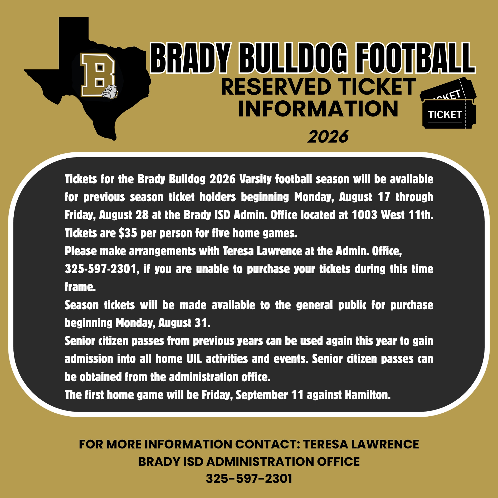 BRADY BULLDOG FOOTBALL RESERVED TICKET INFORMATION 2026