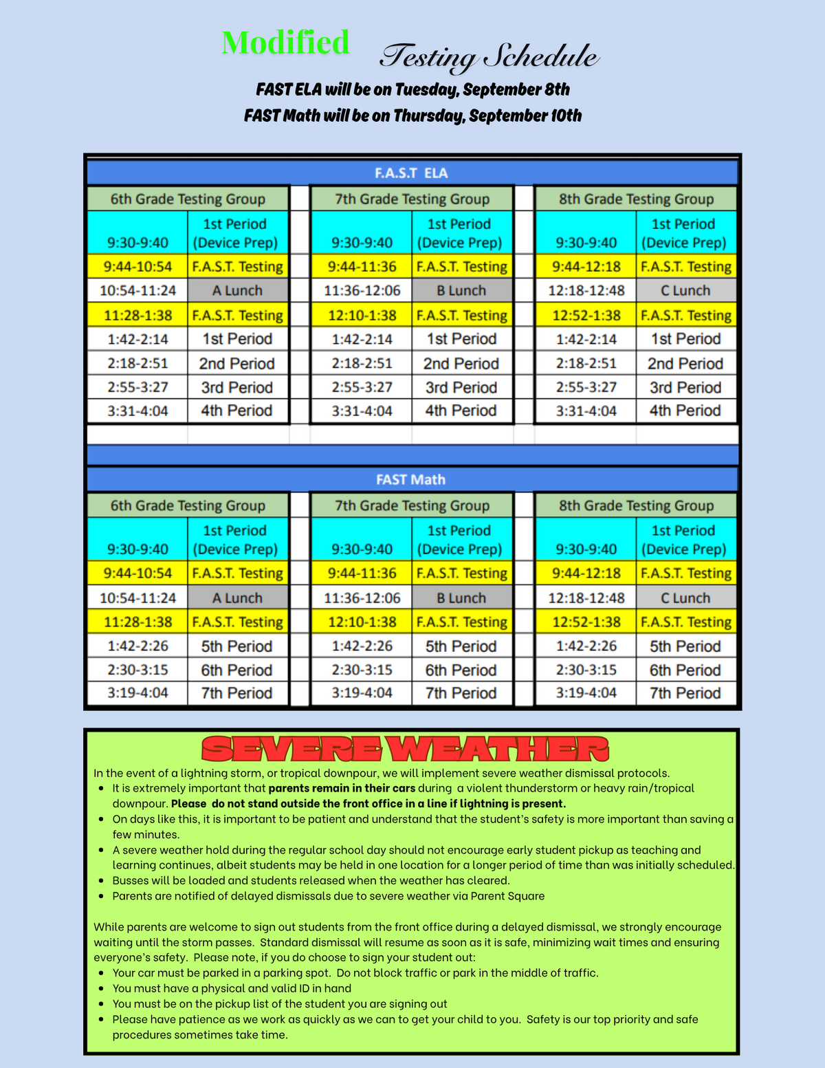 A school testing schedule titled "Modified Testing Schedule" detailing times for FAST ELA and FAST Math across sixth, seventh, and eighth grades.