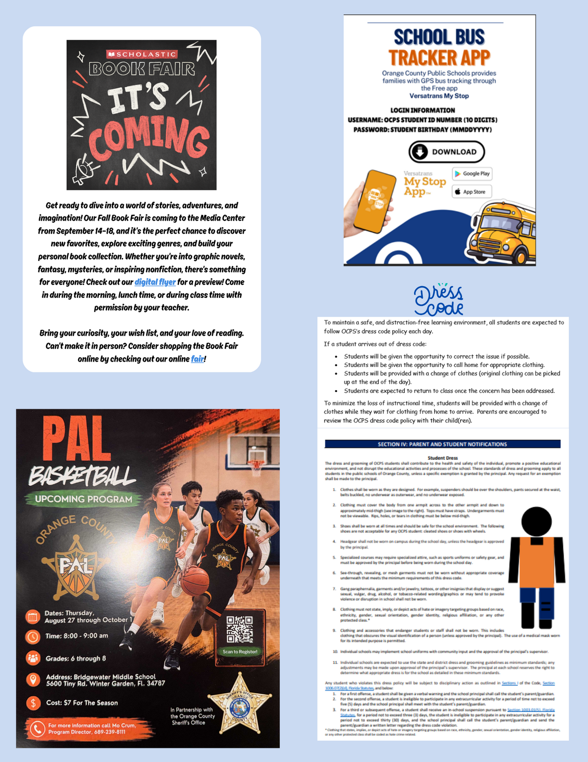 A digital collage features information including a Scholastic Book Fair flyer, a School Bus Tracker app guide, a dress code policy, and a PAL Basketball program announcement.