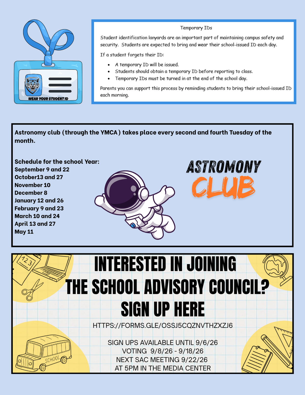 An informational flyer with sections on temporary IDs, astronomy club schedules, and School Advisory Council sign-up details.