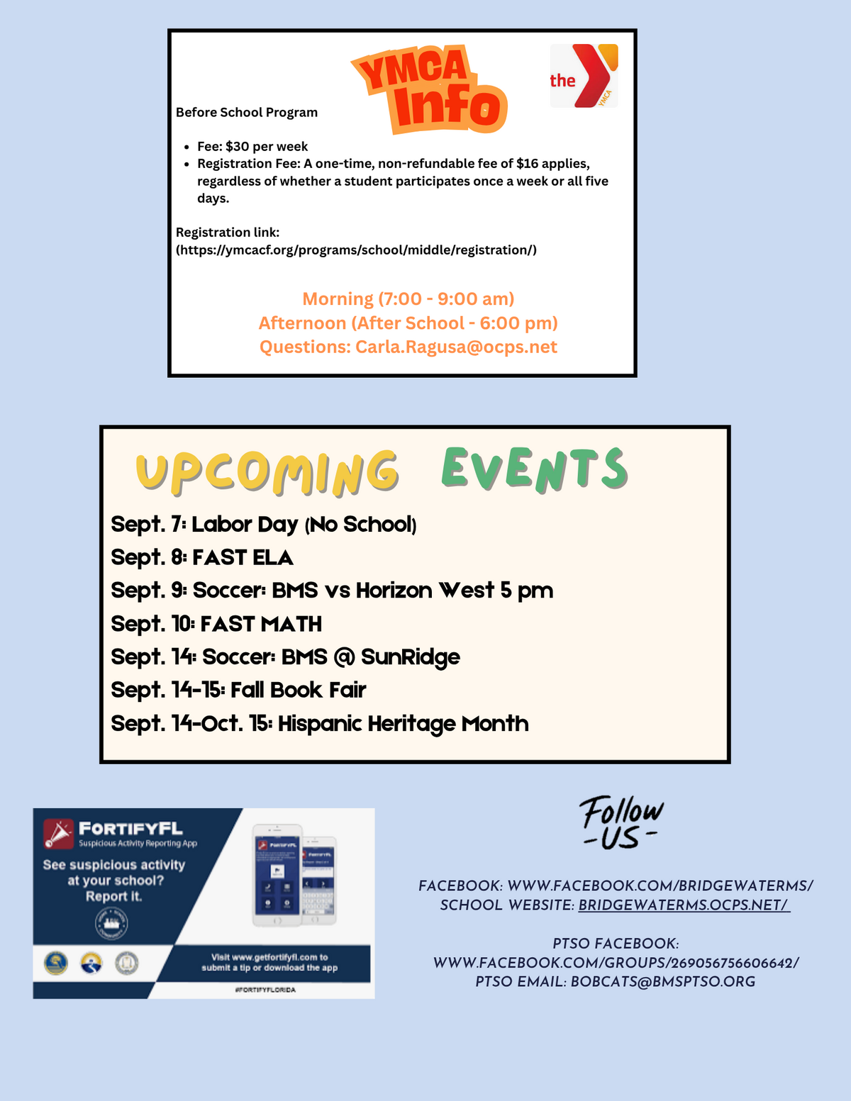 A school newsletter flyer with information about the YMCA Before School Program, upcoming events, and contact links.
