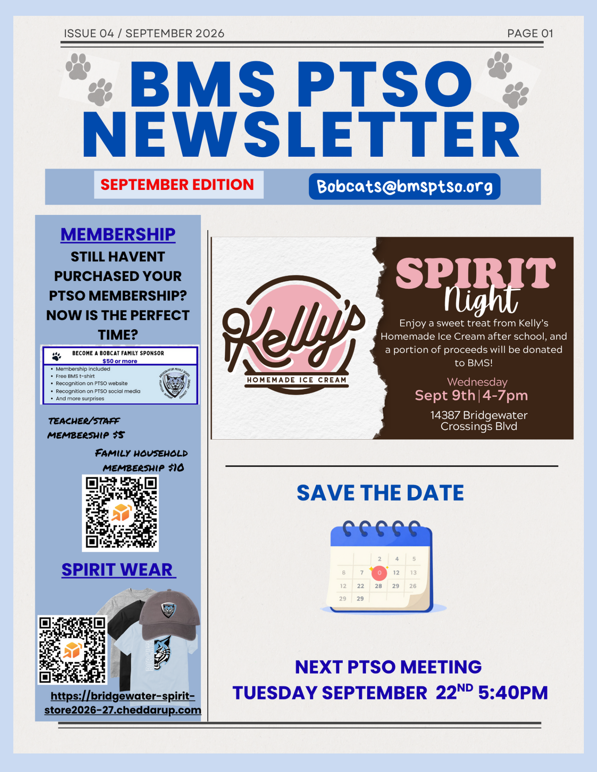 The BMS PTSO Newsletter for September 2026, featuring membership information, spirit wear, and an upcoming Spirit Night at Kelly's Homemade Ice Cream.