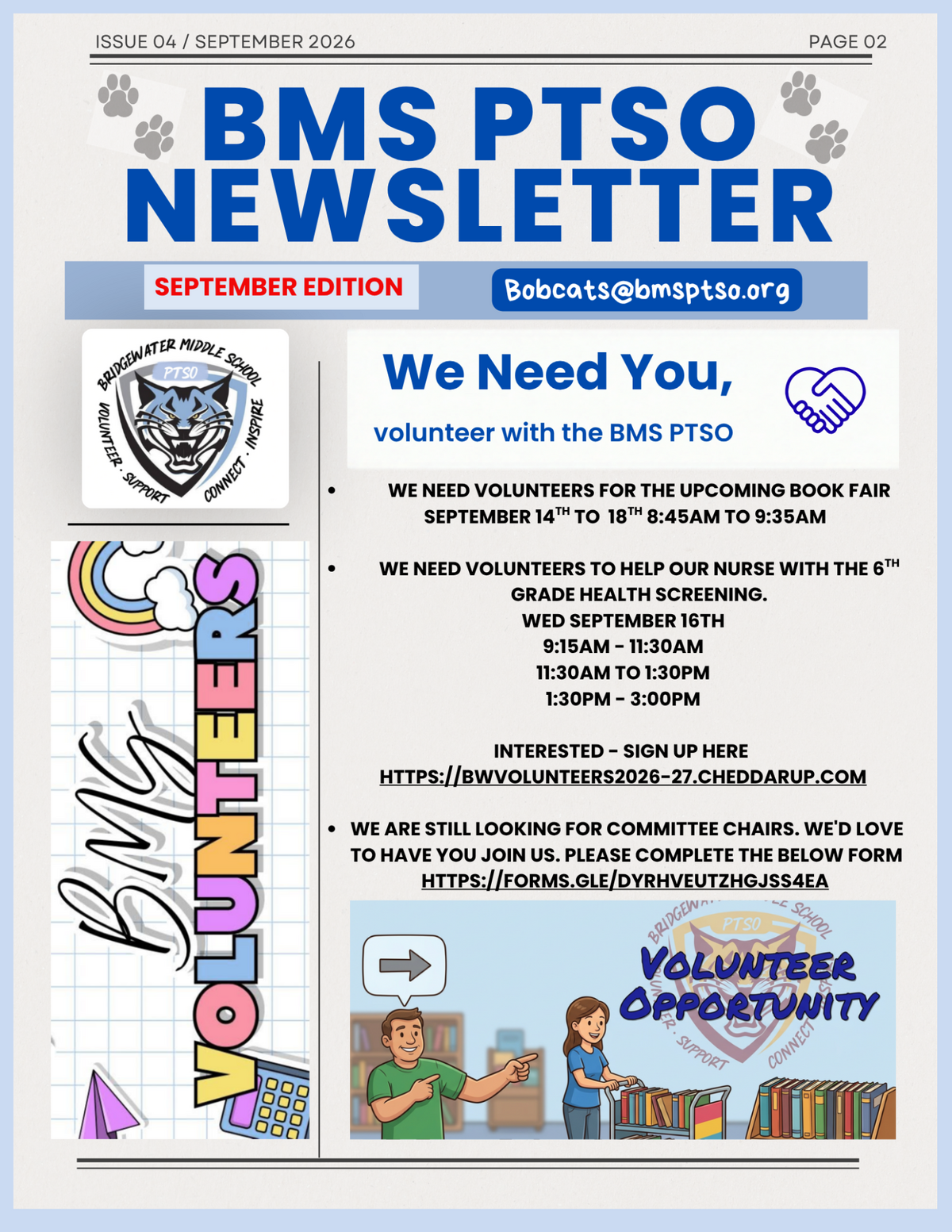 A digital newsletter titled 'BMS PTSO Newsletter' for September 2026, page two, calling for volunteers.