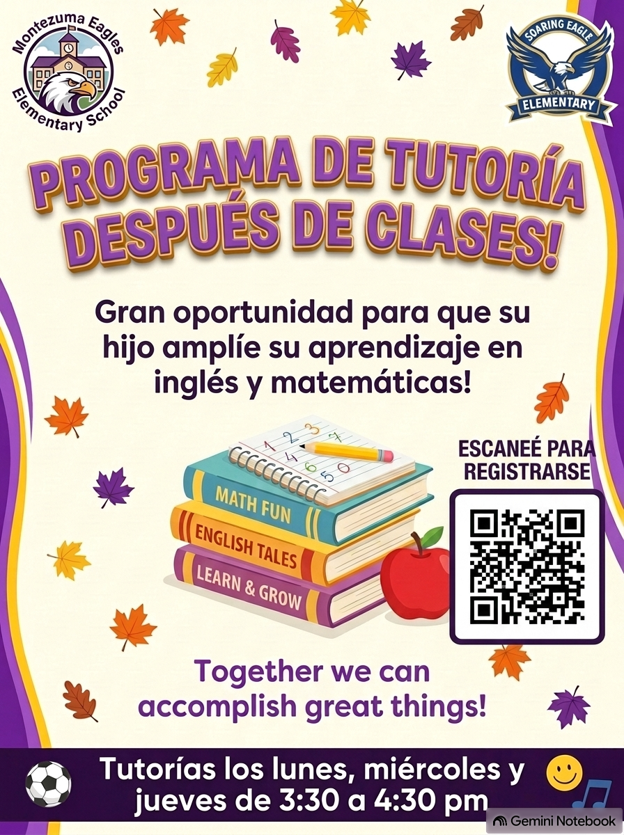 A promotional flyer in Spanish for an after-school tutoring program at Montezuma Eagles Elementary.