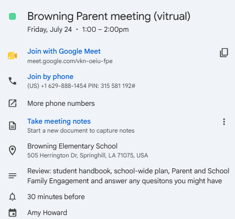 Today 1pm (virtual). Review of student Handbook and School Wide Plan