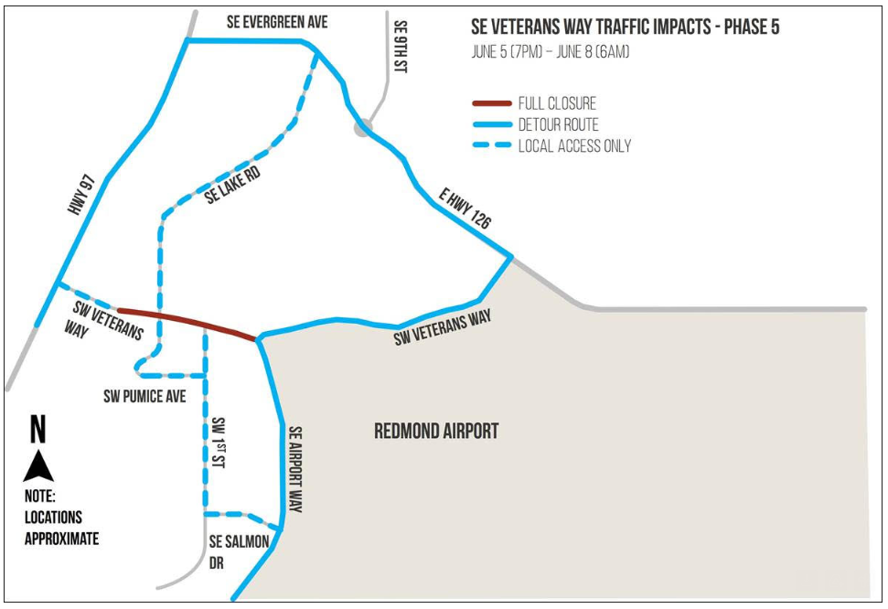 Map showing traffic impacts on SE Veterans Way from June 5-8, with a full closure indicated in red.