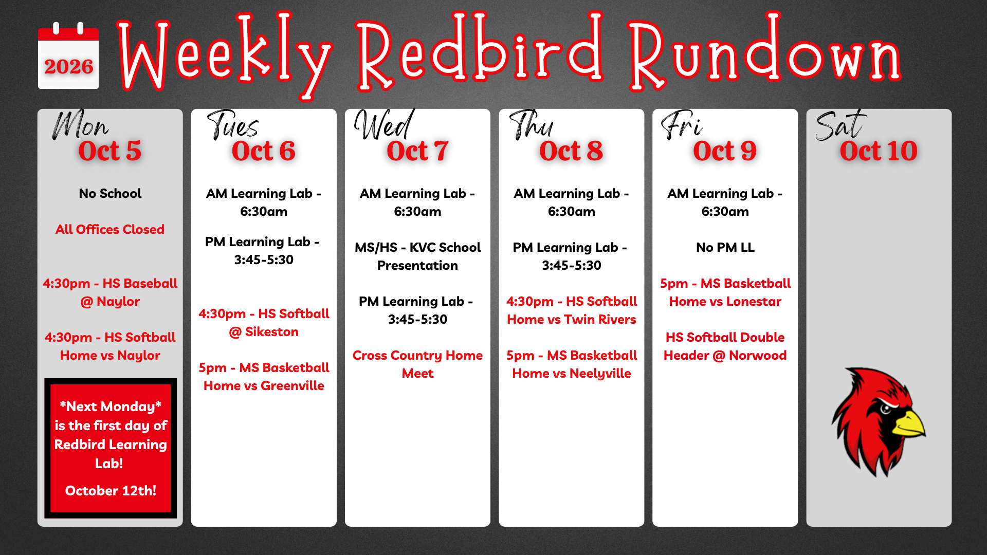 Redbird Rundown for October 5th - 10th