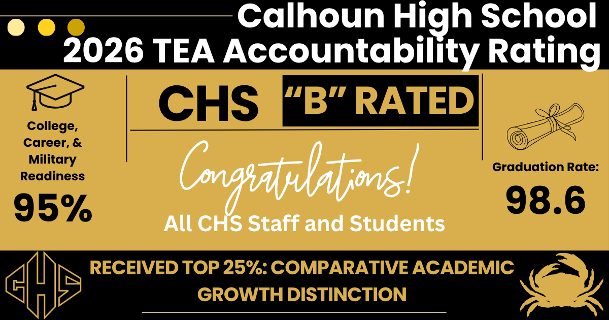 Calhoun High School's 2026 TEA Accountability Rating shows a 'B' rating with 95% College, Career, & Military Readiness.