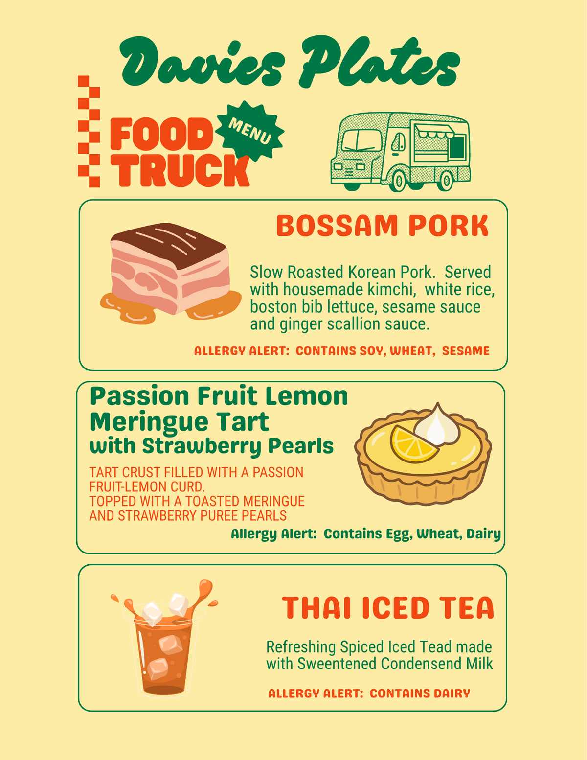 Davies Plates Food Truck menu featuring Bossam Pork, Passion Fruit Lemon Meringue Tart, and Thai Iced Tea.