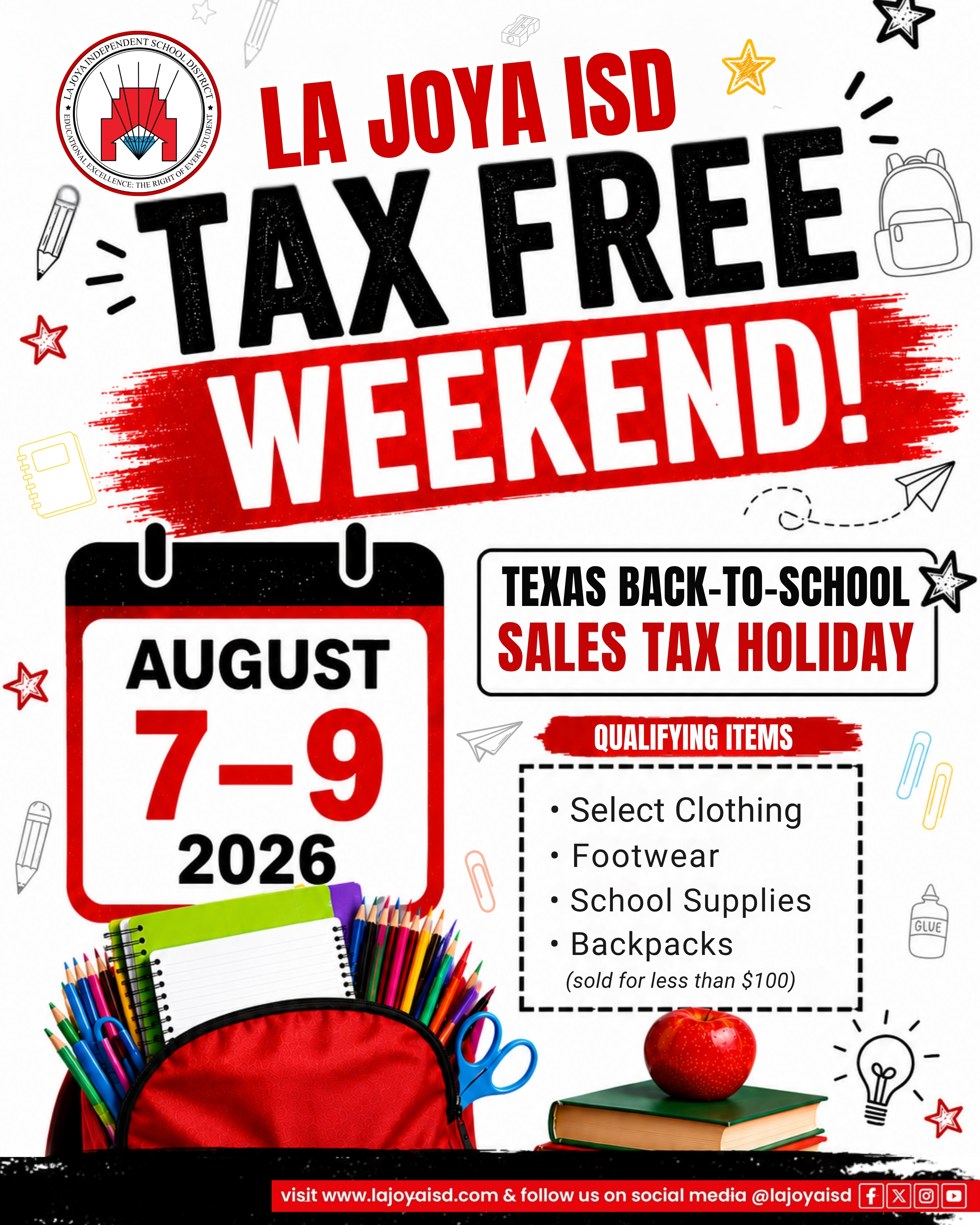 📣 La Joya ISD Families — Texas Tax-Free Weekend starts TODAY! 🎉