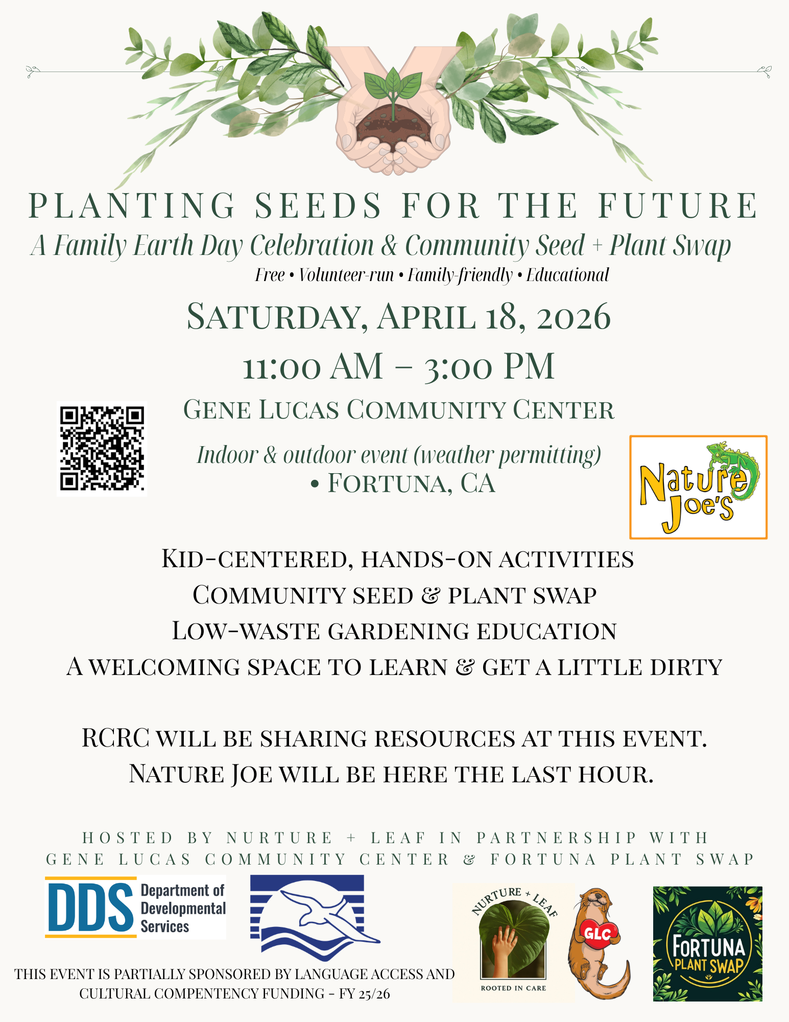 Poster for 'Planting Seeds for the Future,' a Family Earth Day Celebration and Community Seed & Plant Swap on Saturday, April 18, 2026, from 11 AM to 3 PM at Gene Lucas Community Center.