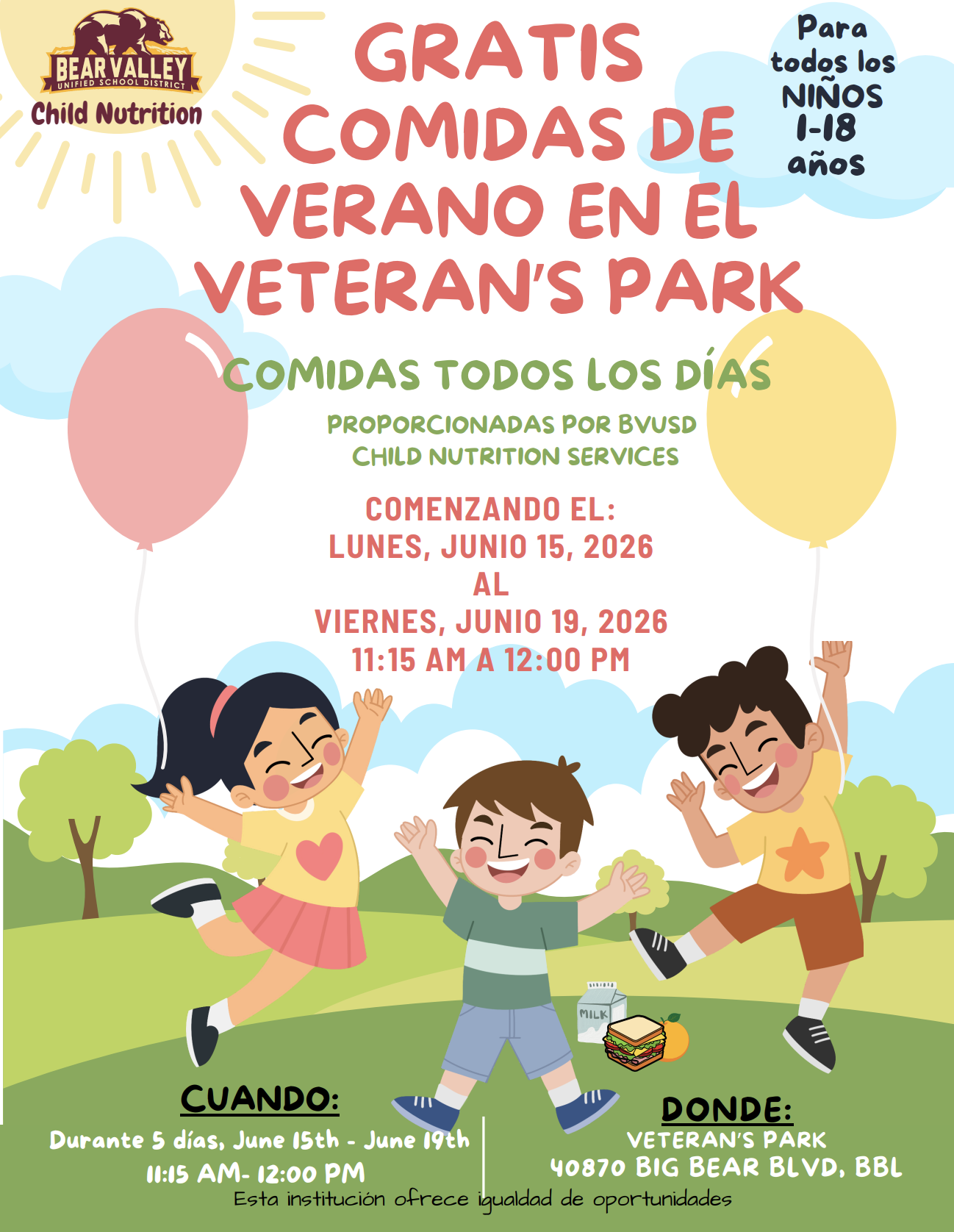 Free summer meals flyer spanish