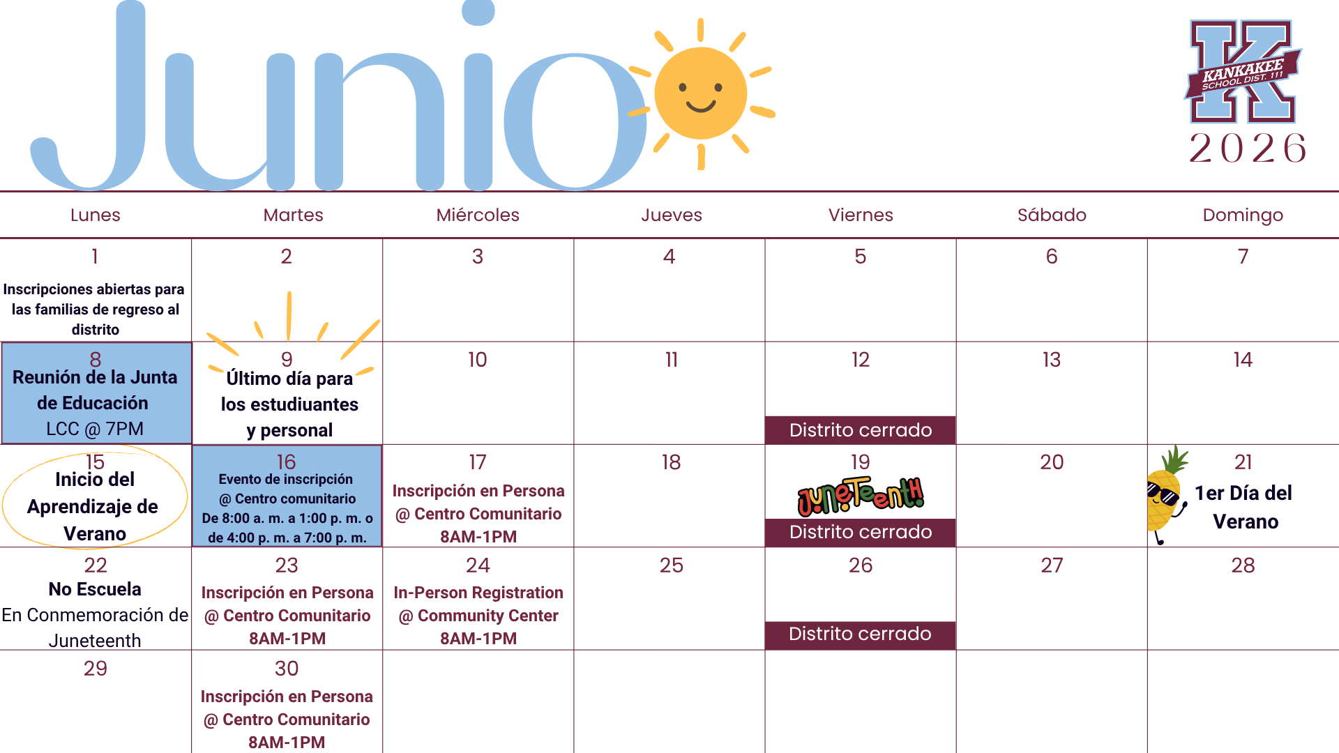 A calendar for June 2026 shows school events and holidays, including registration dates and a "No School" day for Juneteenth.
