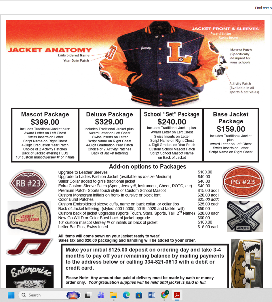 A detailed graphic displays different jacket packages with prices and customization options, featuring a varsity-style jacket as the main example.