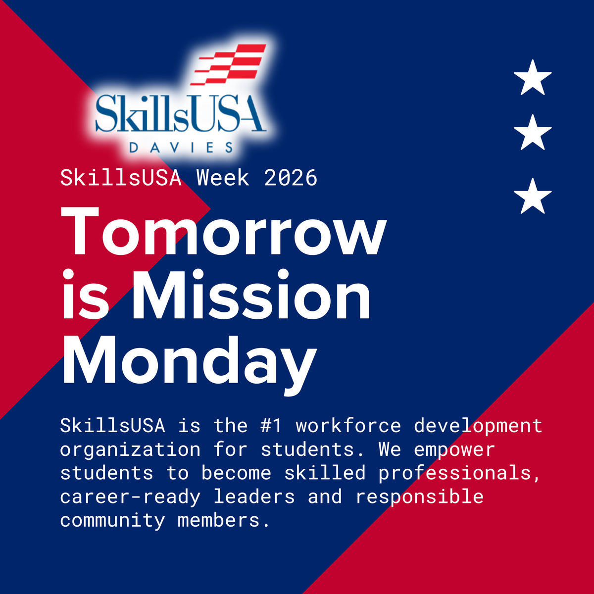 SkillsUSA Davies logo with text 'SkillsUSA Week 2026' and 'Tomorrow is Mission Monday'.