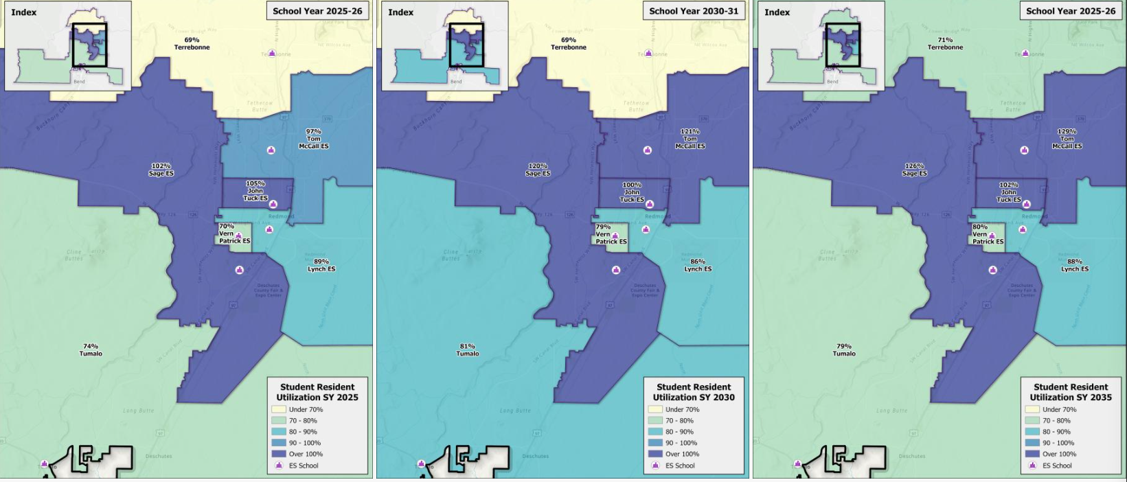 Three maps display student resident utilization percentages for different school years (2025, 2030, 2035) with color-coded zones and school locations.
