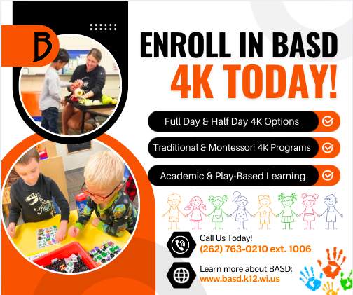 Advertisement for BASD 4K programs featuring children engaged in learning activities.