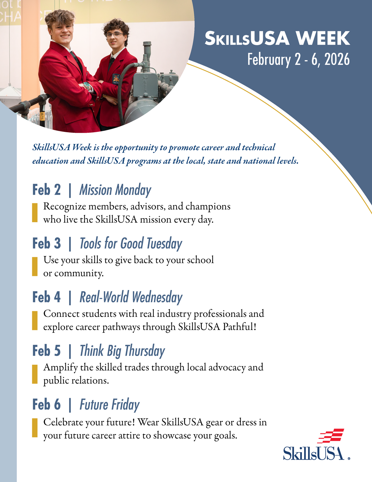 Two young men in red SkillsUSA jackets stand in front of industrial equipment, promoting SkillsUSA Week.