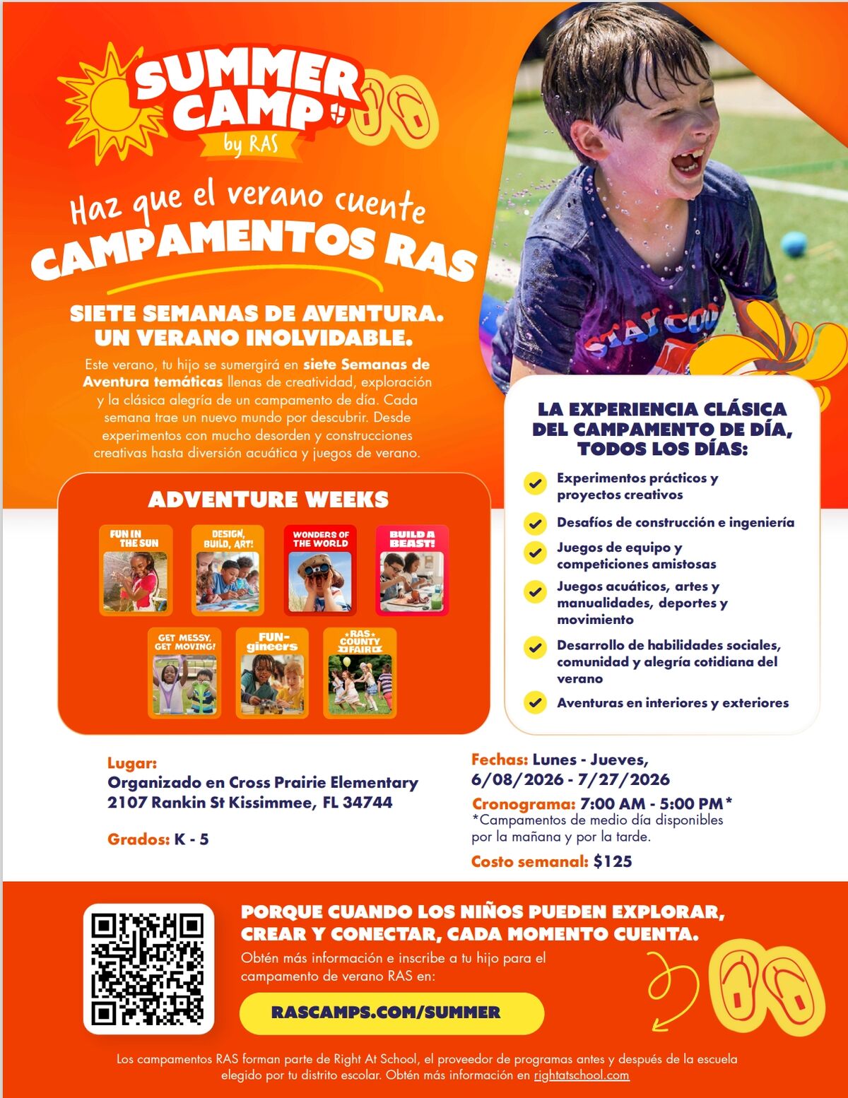 Poster for "Summer Camp by RAS" featuring a happy boy splashing water and details about adventure weeks, location, dates, and cost.