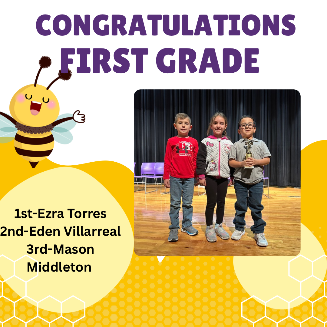 Three first-grade students stand on a stage, with one holding a trophy, under a banner that reads 'CONGRATULATIONS FIRST GRADE'.