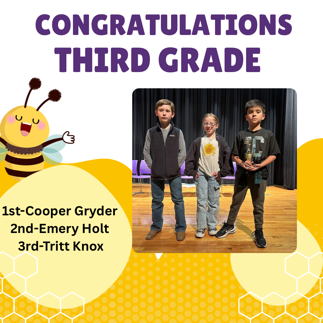 Three third-grade students stand on a stage, with the top three winners listed: Cooper Gryder, Emery Holt, and Tritt Knox.