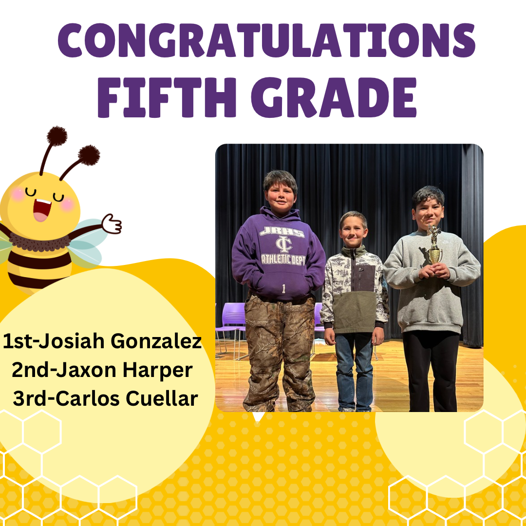 Three boys stand on a stage, celebrating fifth-grade achievements with a trophy.