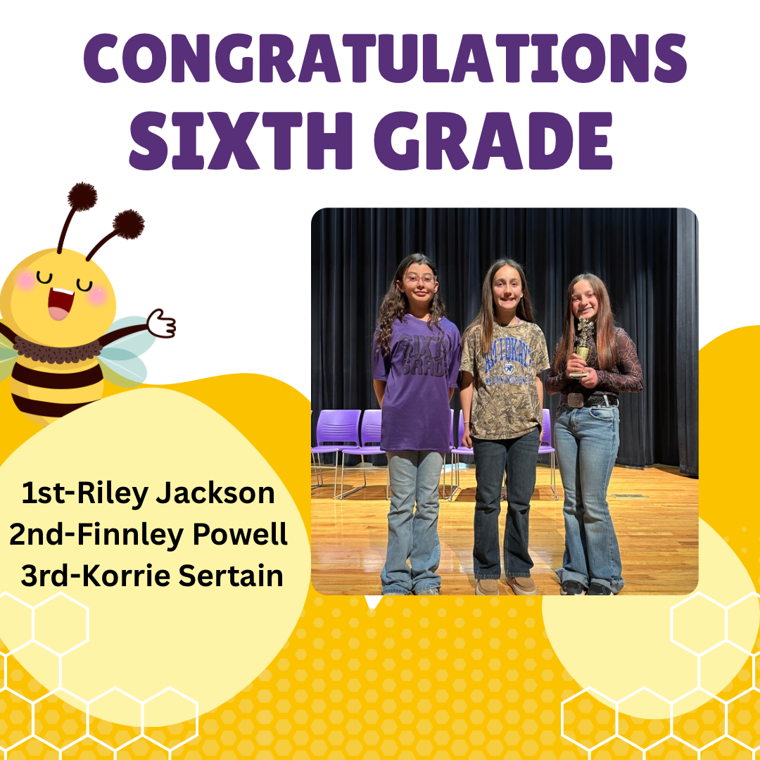 Three sixth-grade students stand on a stage, with the first, second, and third place winners identified.