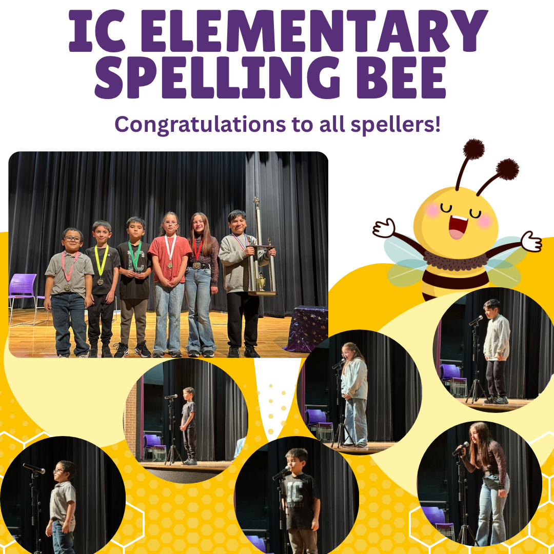 Students stand on stage with medals and a trophy at the IC Elementary Spelling Bee.