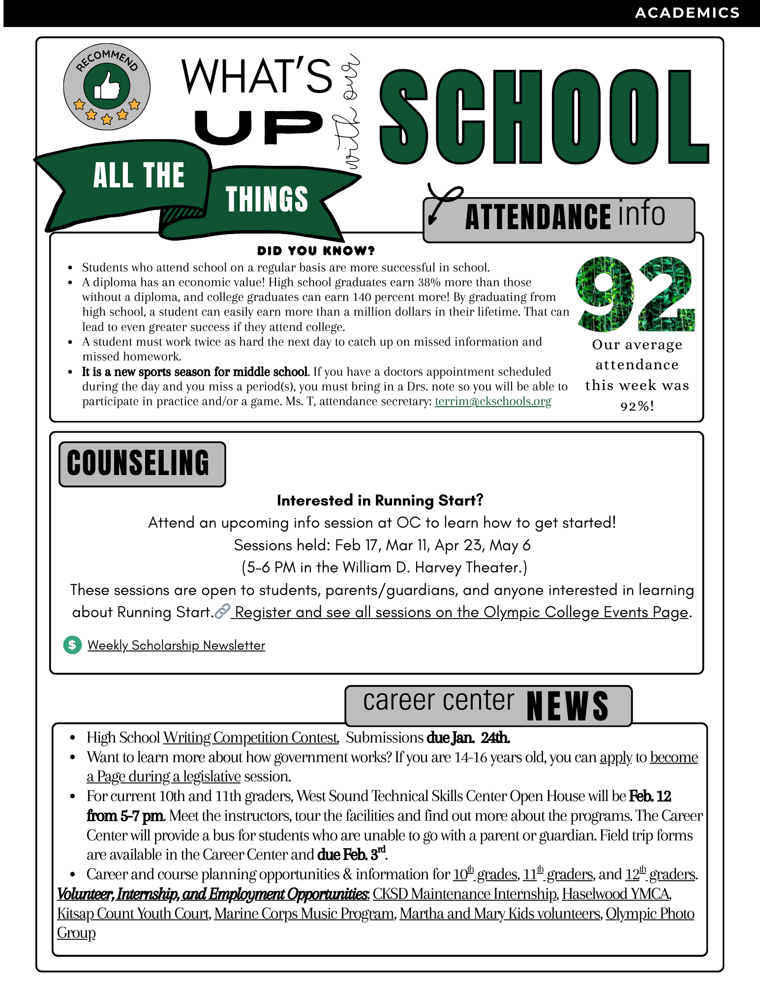 A newsletter titled 'What's Up With Our School' features sections on academics, counseling, and career center news.