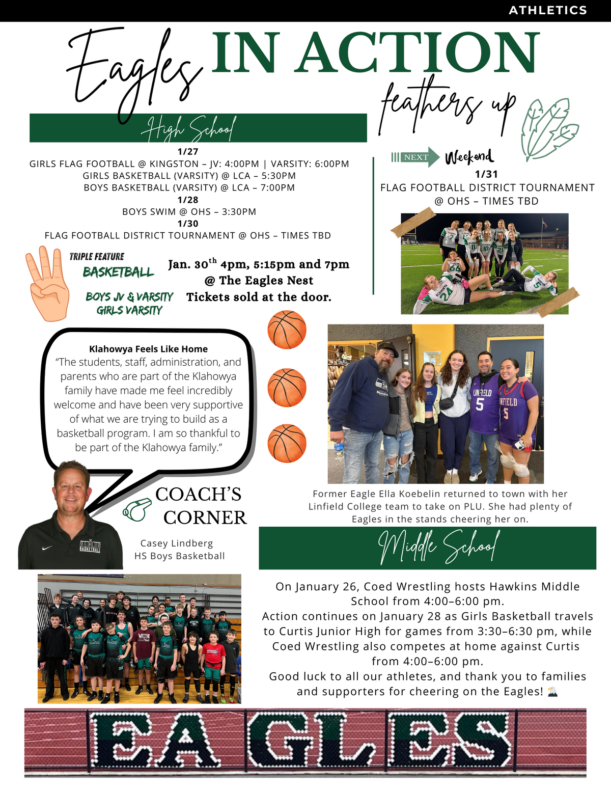 A graphic displays upcoming "Eagles IN ACTION" athletic events for High School and Middle School, featuring basketball, flag football, and wrestling schedules.