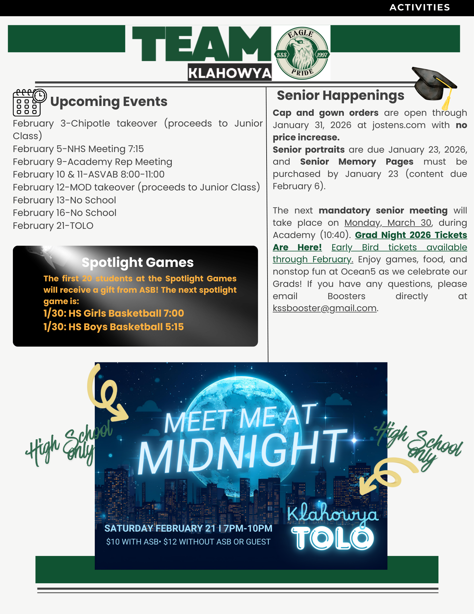 A flyer for Klahowya Secondary School activities, featuring upcoming events, senior happenings, and a 'Meet Me at Midnight' event.