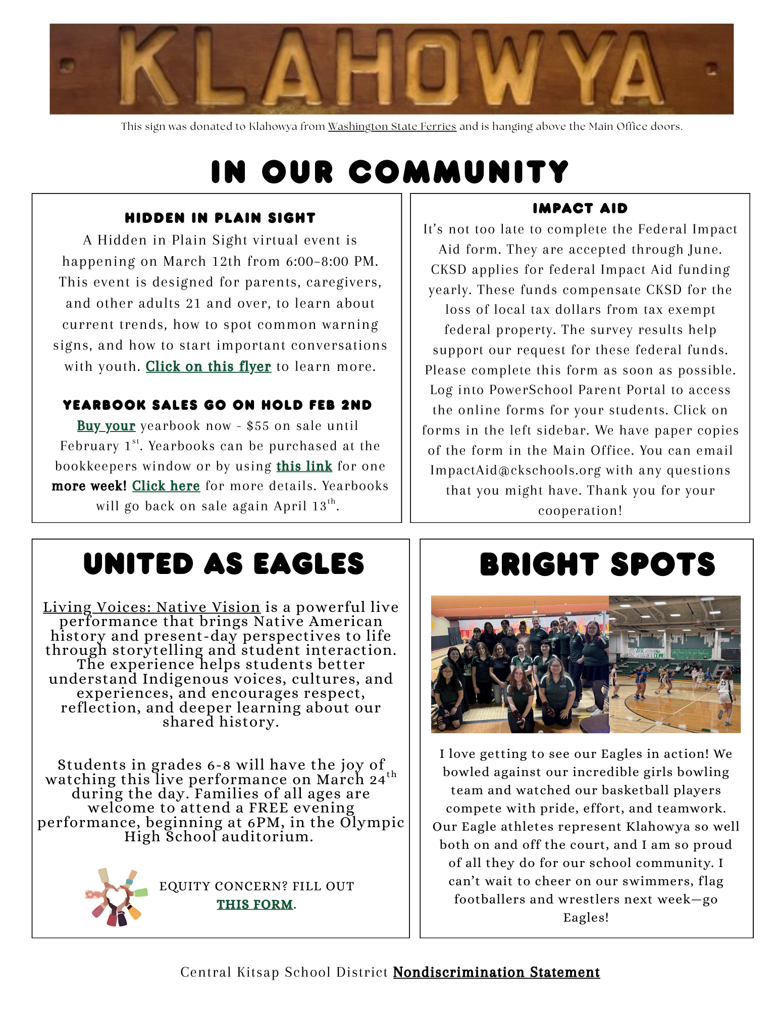 A sign reads 'KLAHOWYA' and text below explains it was donated by Washington State Ferries.